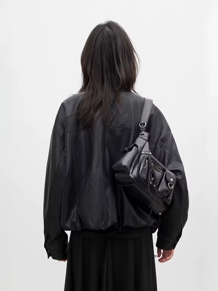 CHIC VEN Nouvelle Veste Courte Femme en PU Style Motard Coupe Ample Col Montant Unie Coupe-Vent Prin