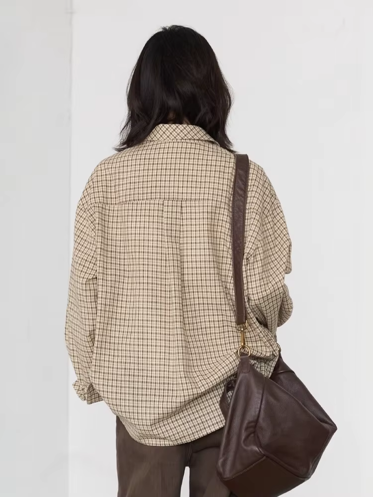 CHIC VEN femmes chemise ample décontracté simple boutonnage nouveau rétro contraste Plaid brodé Blou
