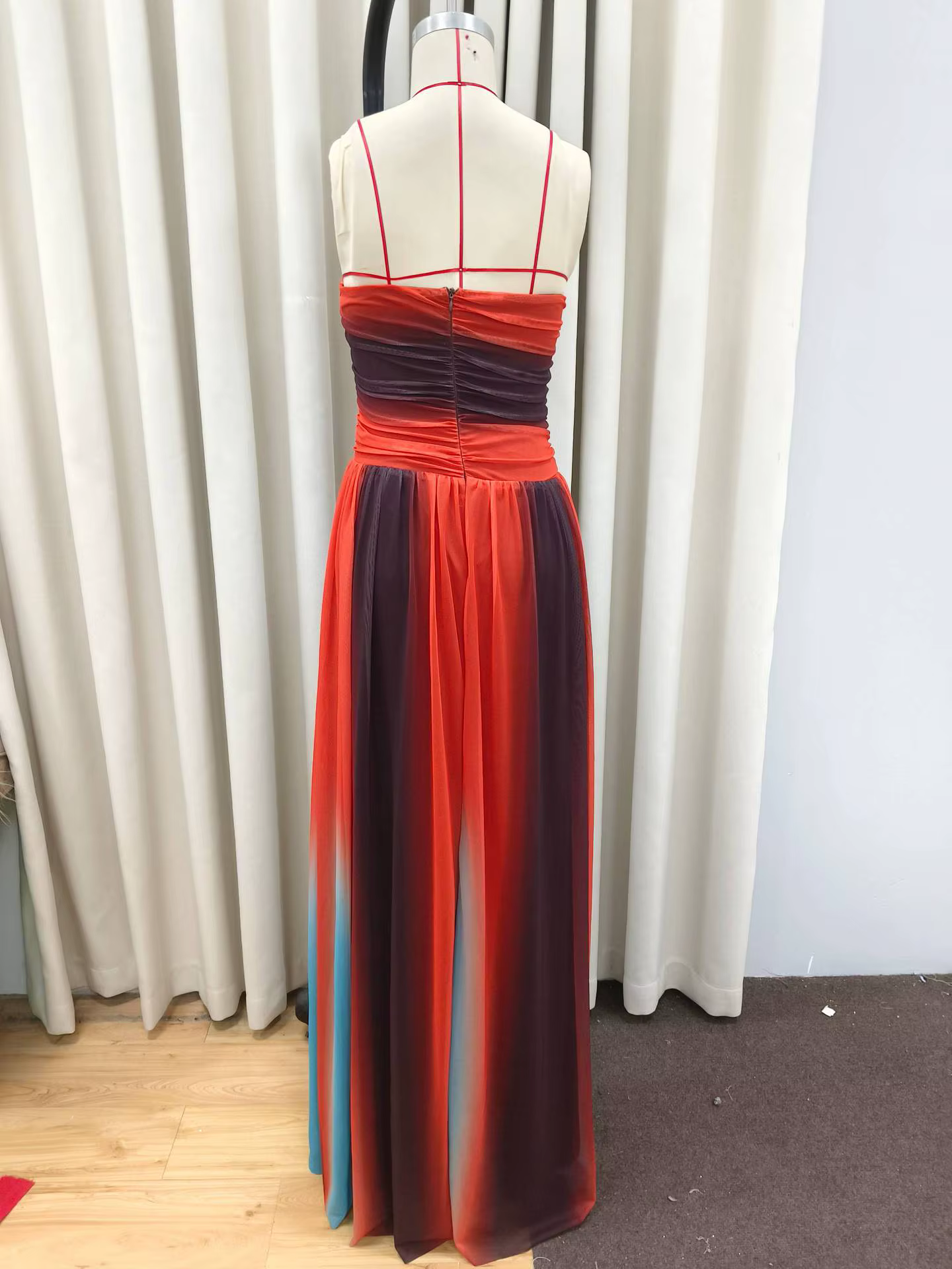Robe longue ajourée pour femmes, dégradé de teinture par nouage, élégante, épaules dénudées, ourlet 