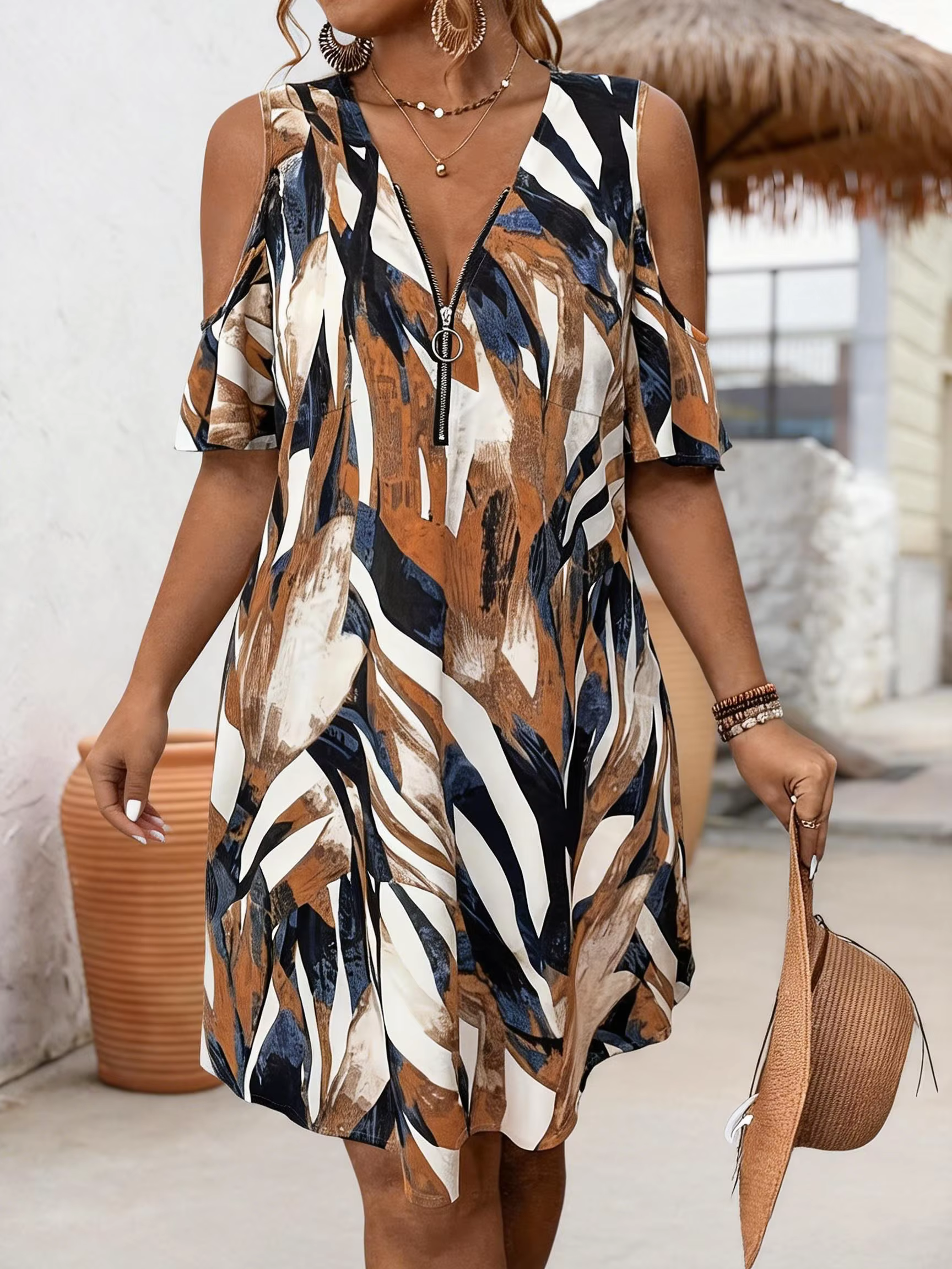 Robe d'été élégante, col en v, fermeture éclair, sans manches, grande taille, décontractée, ample, i