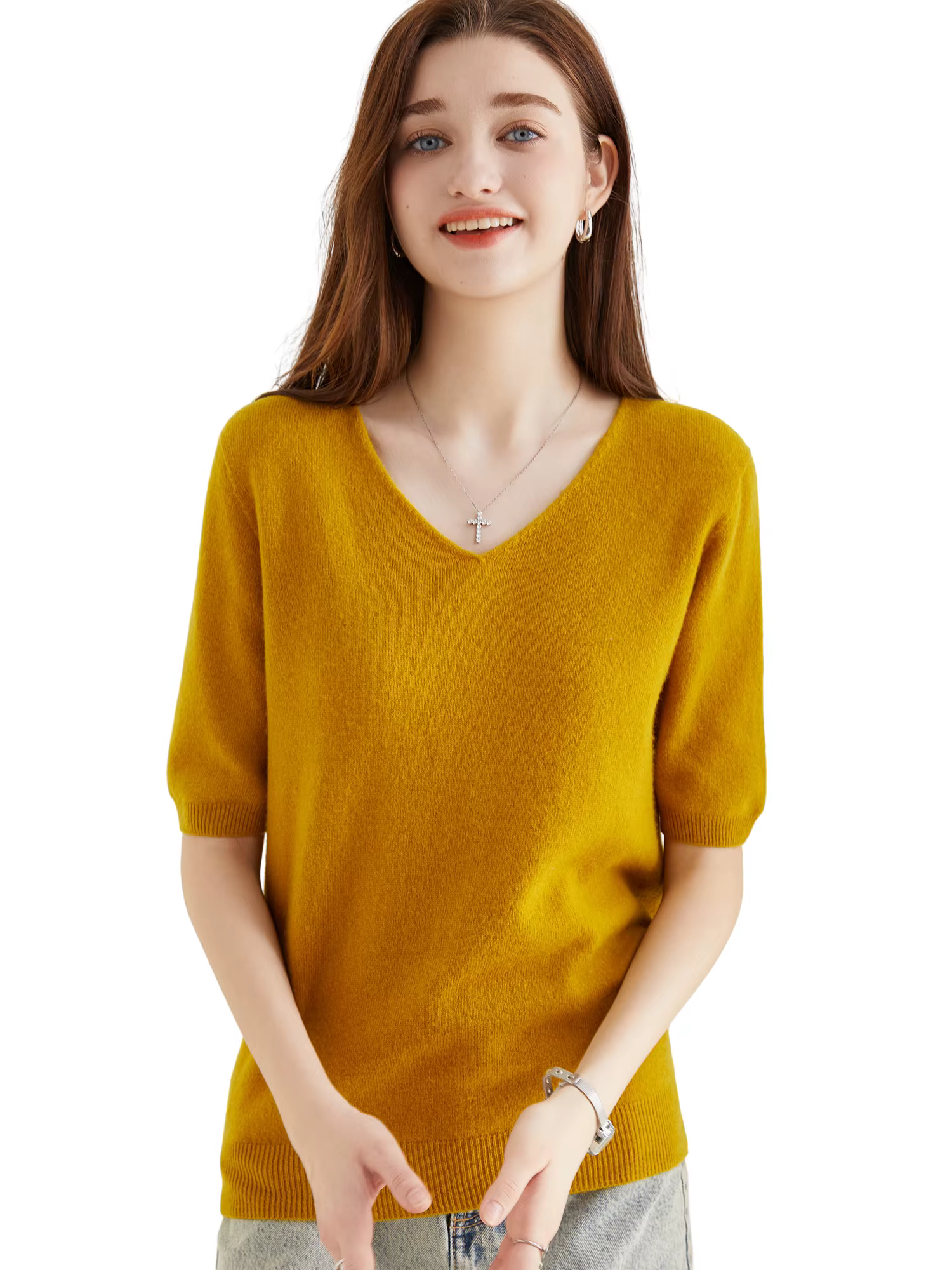 Pull femme 100% laine mérinos pull pour femme pull à manches courtes hauts printemps été col en V do