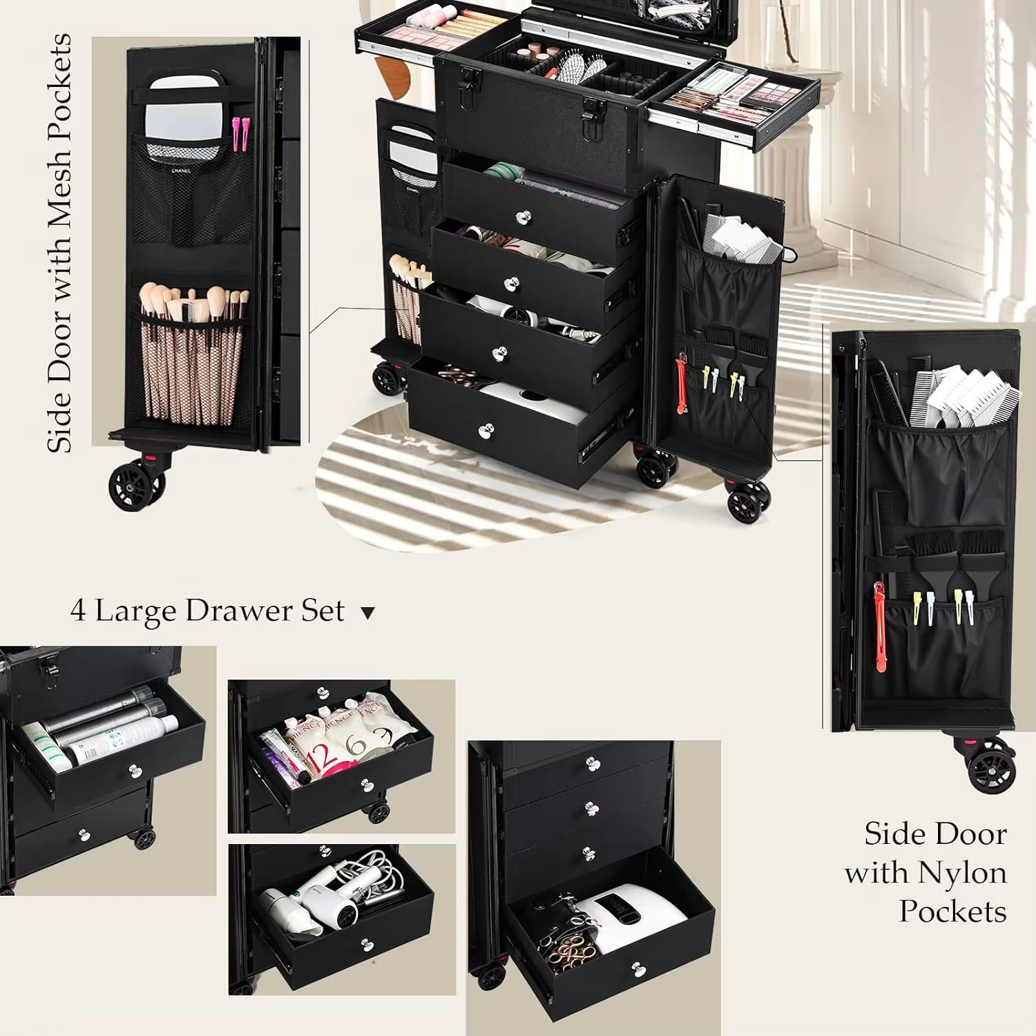 Trousse de maquillage professionnelle à roulettes, 4 tiroirs, étui de Train cosmétique pour coiffeur