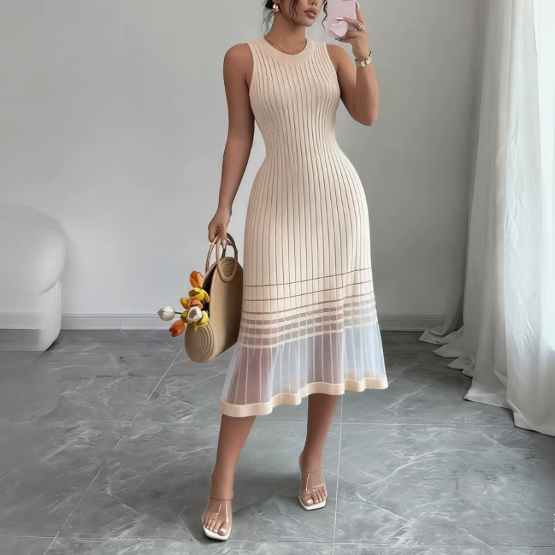 Robe midi décontractée pour femme, sans manches, col rond, en maille élastique, avec ourlet transpar