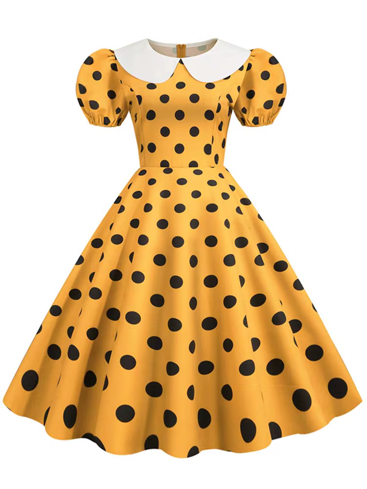 Robe d'été élégante pour femme, manches courtes bouffantes, à pois, col Peter Pan, style vintage, co