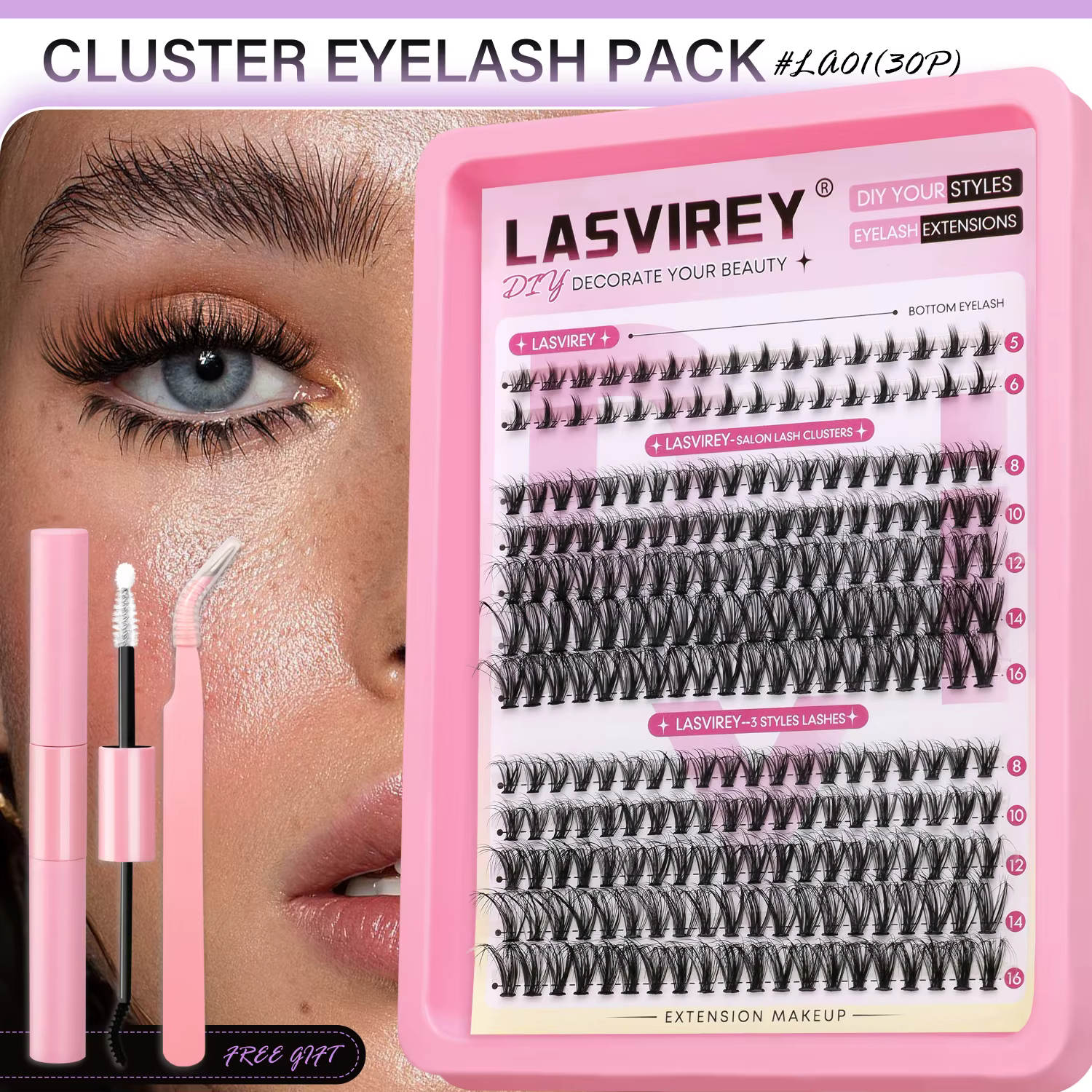 Lasvirey Kit de cils DIY, kit de cils duveteux, cils individuels mixtes avec extensions de cils infé