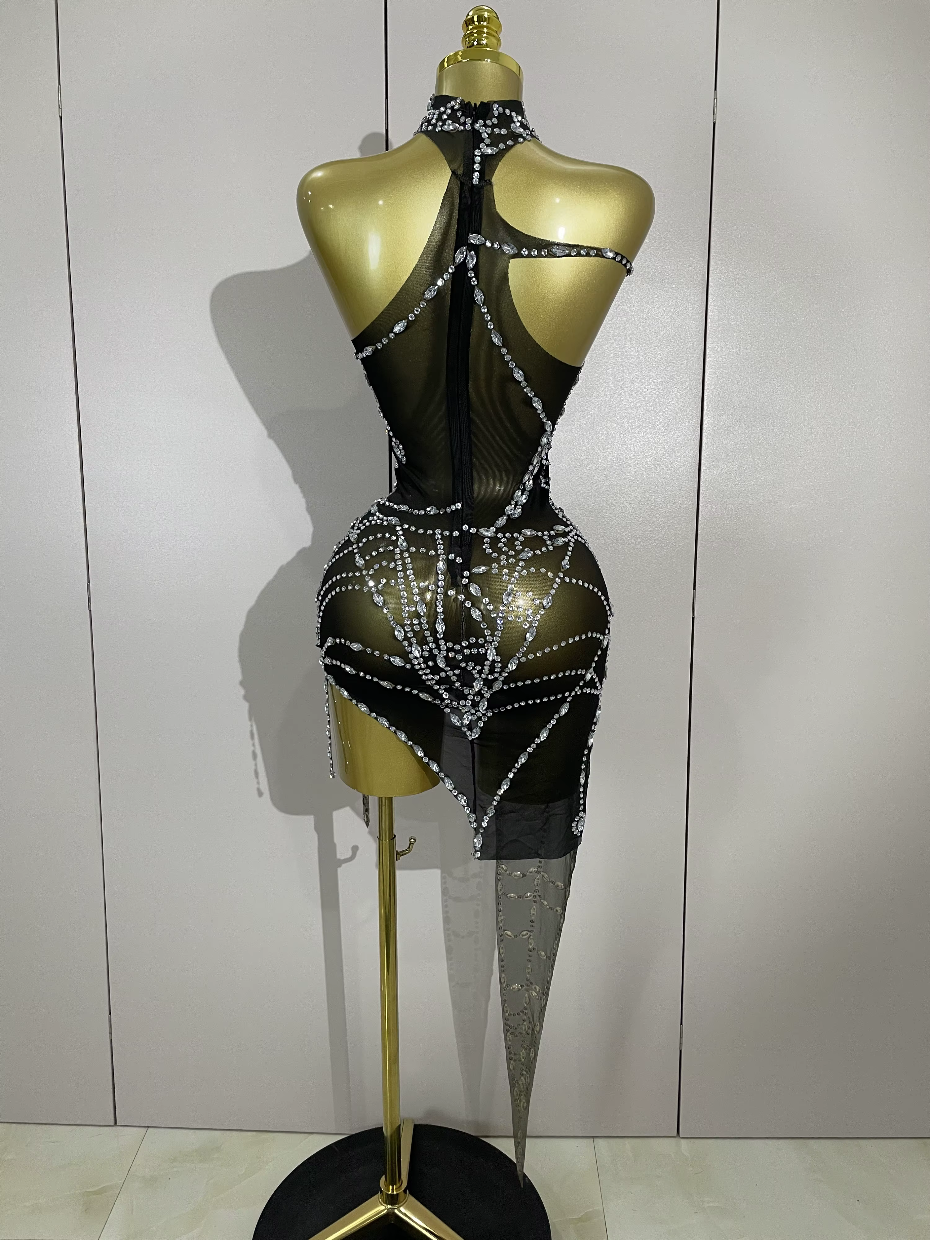 STOCK brillant diamant Sexy maille asymétrique moulante Mini robe femmes discothèque Bar fête specta