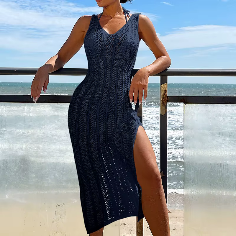 Robe Maxi ajourée pour femmes, tenue de vacances, Chic, couleur unie, tricotée, mode, sans manches, 