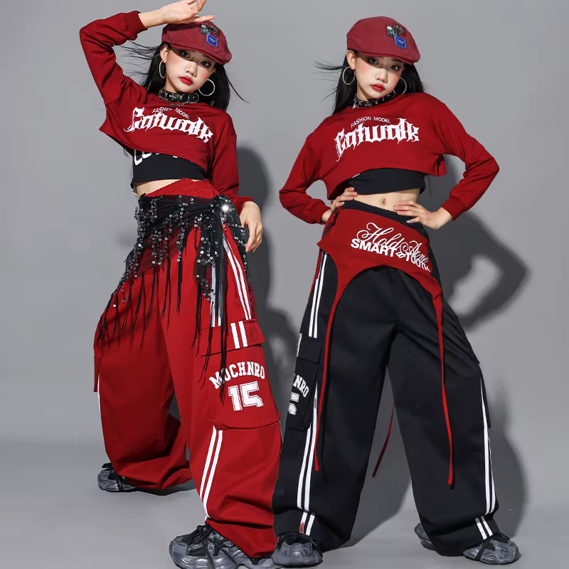 Ensemble de vêtements pour filles Hip Hop, sweat-shirt court à nœud rouge, pantalon cargo, costume d