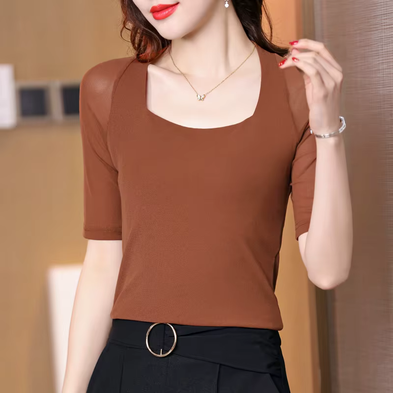 Chemise en maille à demi-manches pour femmes, chemise mince pour documents solides, mode coréenne, t