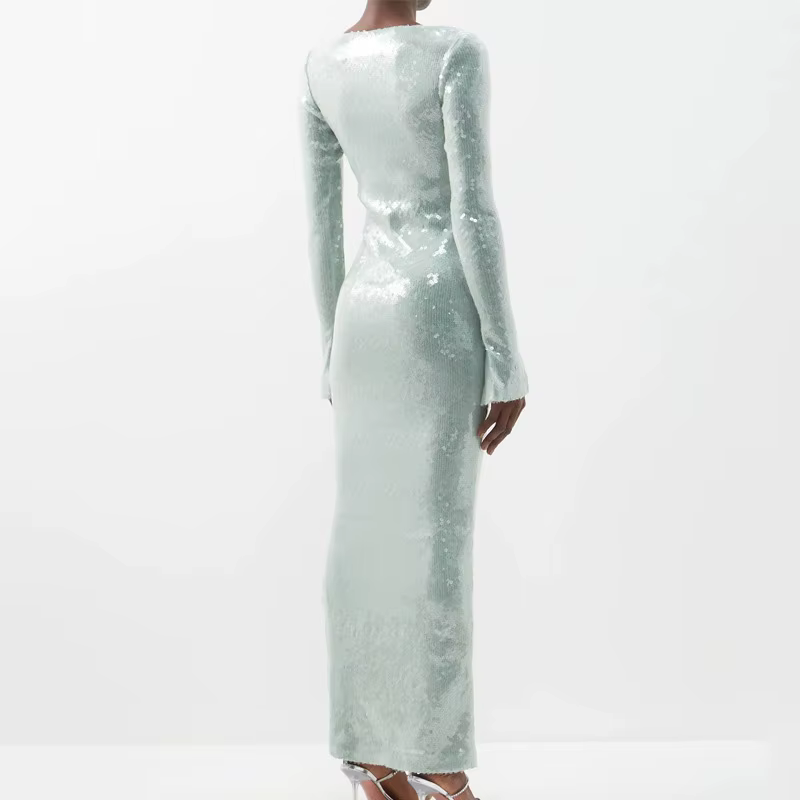 Robe de soirée sexy à sequins pour femmes, col en V, manches à clapet, jupe avec ourlet fendu, boîte