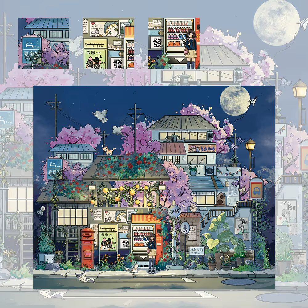 1 ensemble d'autocollants de scène Miniature, Kit d'arrêt de Bus de nuit d'été, décor de bibliothèqu