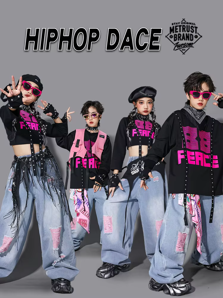 Vêtements de danse Hip Hop pour enfants, tenue de scène Kpop, haut rose noir, pantalon en Denim, Cos