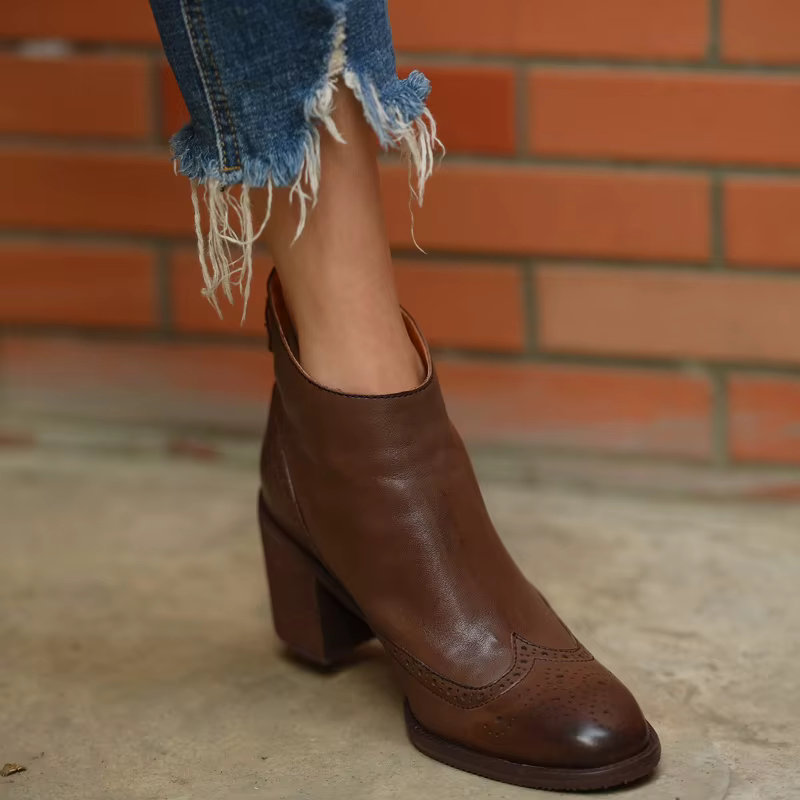 Bottines en cuir de vache à talons épais pour femme, chaussures classiques, Style européen, automne,