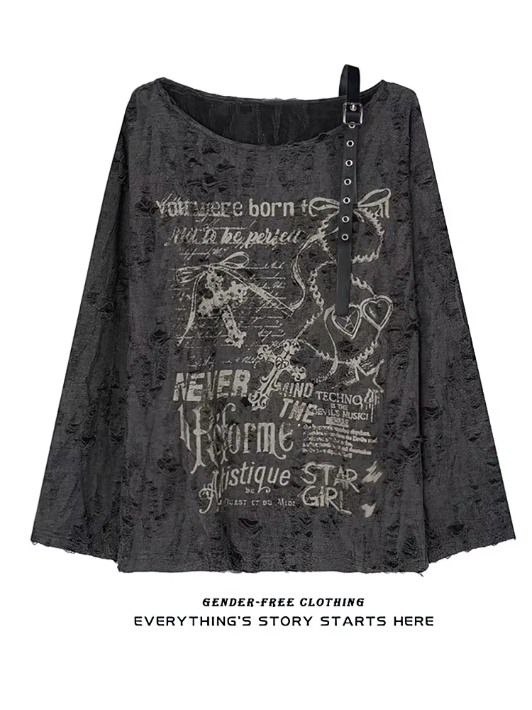 T-shirt vintage Y2K oversize à épaules dénudées avec imprimé, haut déchiré à trous, manches longues,