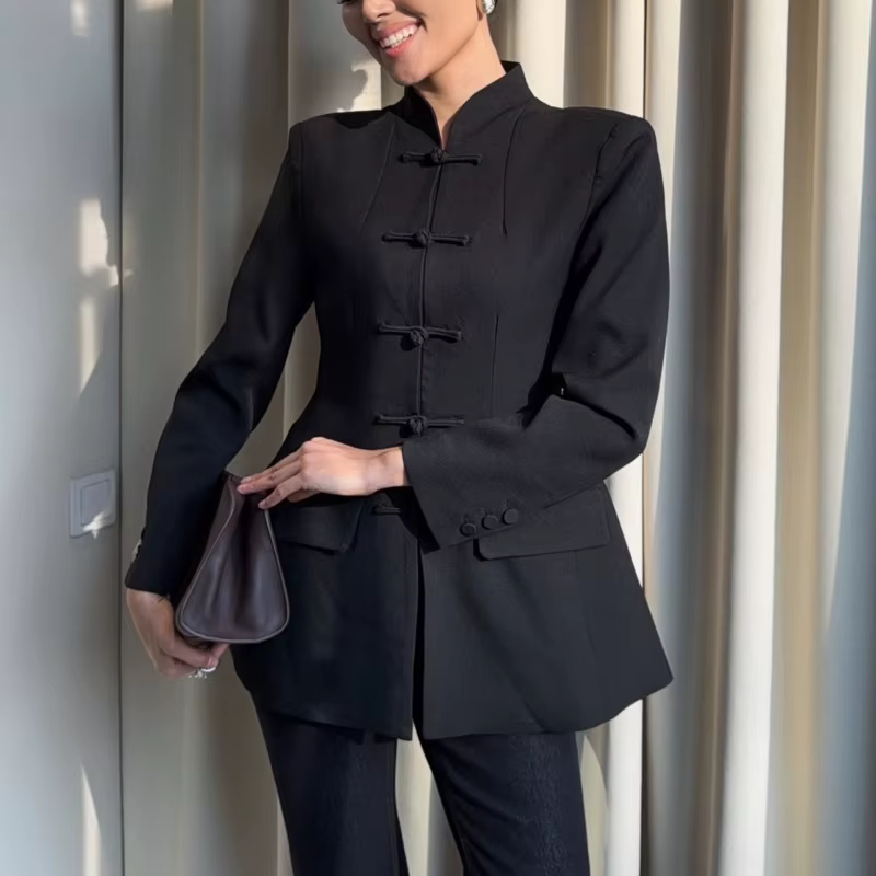 Blazer pour femme BJTZ à col mandarin, manches longues, boutons grenouillère, coupe ajustée, veste d