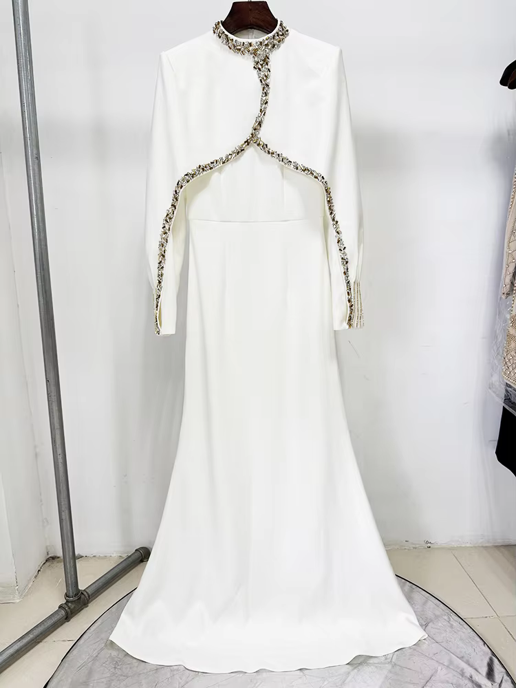 HIGH STREET Nouveauté 2026 Robe longue maxi de créateur pour femme, ornée de diamants et de perles,