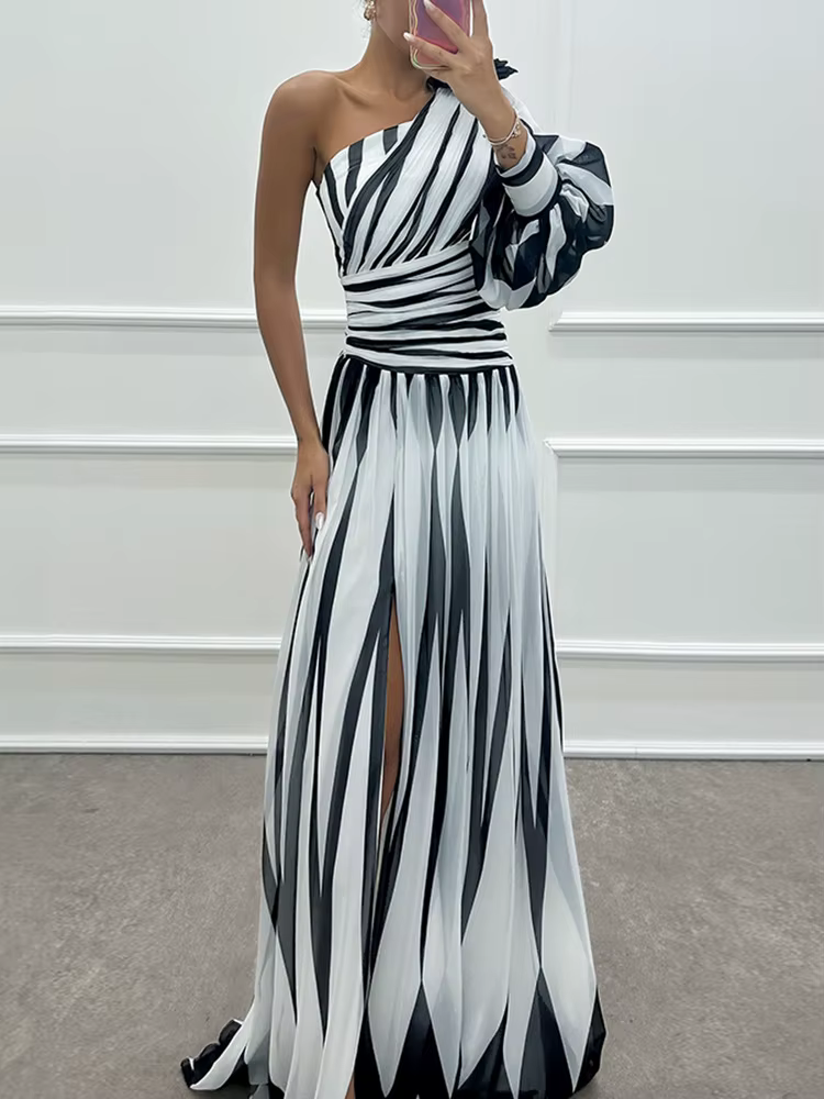 Robe maxi patchwork à manches longues lanterne, robe de soirée élégante pour femmes initiées une seu