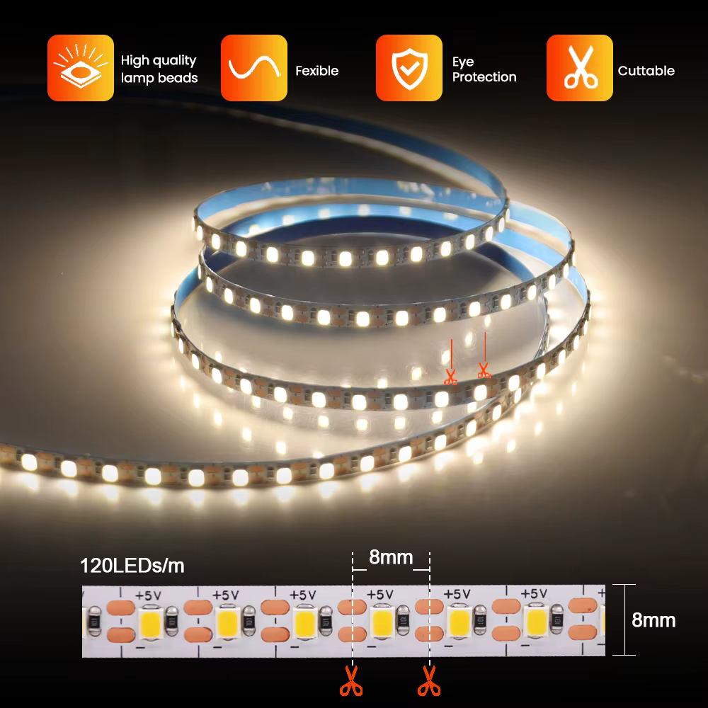 Bande lumineuse LED Flexible, 5V, 2835, 3mm, 5mm, 8mm, largeur PCB, 120 diodes/m, fil USB/2 broches,
