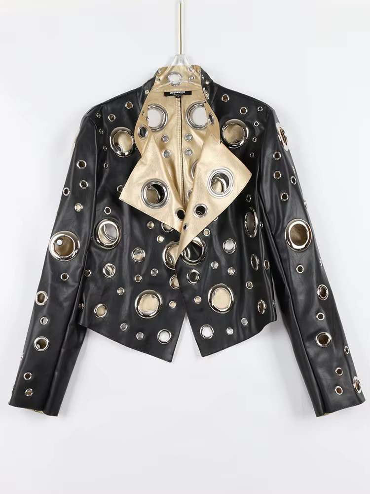 Nerazzurri-Veste courte en cuir PU évidée pour femme, Rivet, Cool mn fraîchement Designer Clothes, R