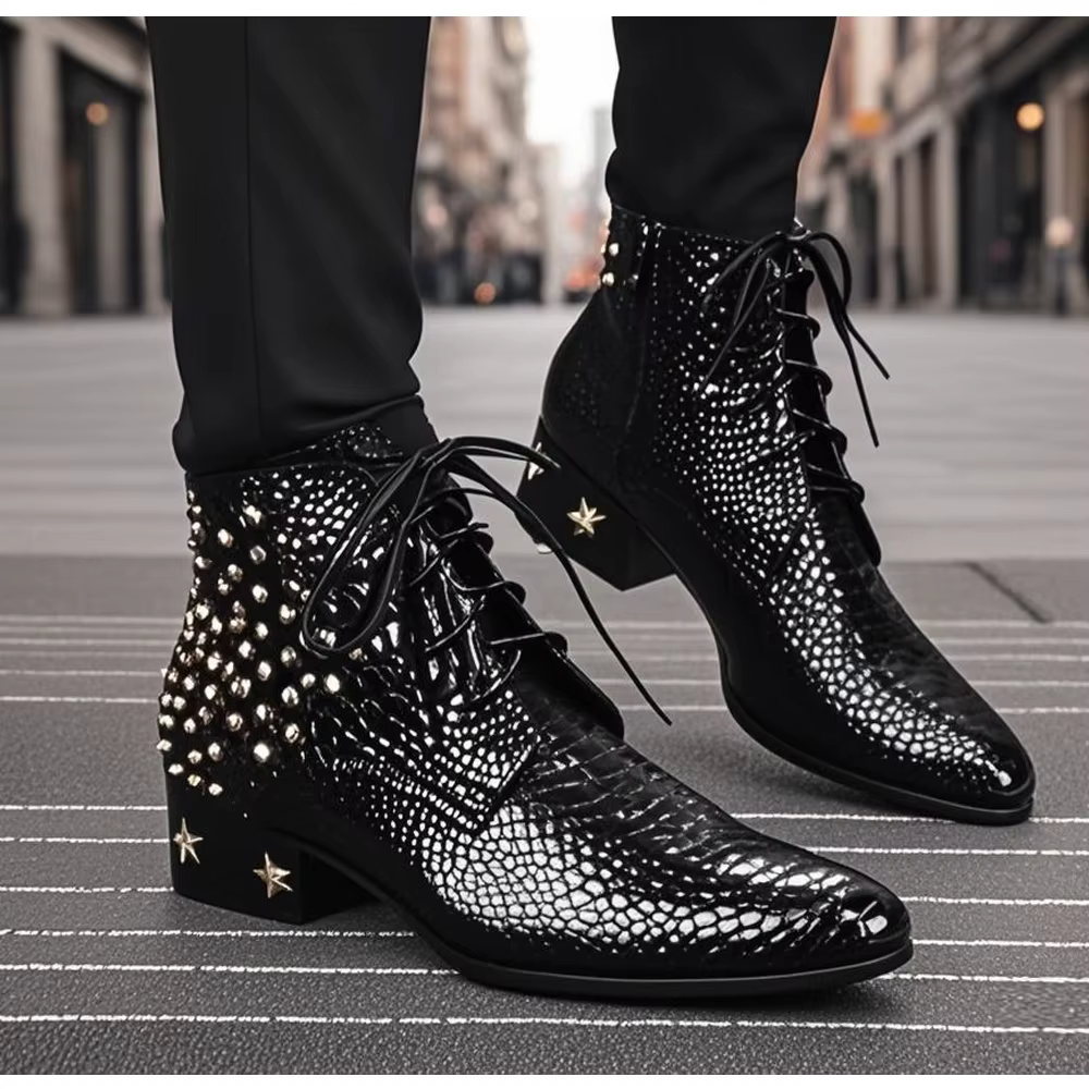 Bottes provoqué pointues en cuir véritable pour hommes, chaussures à rivets, cuir brillant, haute qu