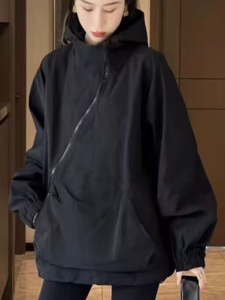 Vestes monochromes à capuche pour femmes, fermeture éclair simple, poches de loisirs, style japonais