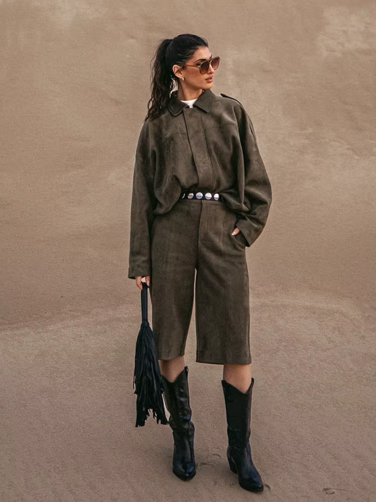 HH printemps femmes daim manteau pantalon ensembles revers fermeture éclair manches longues vestes S