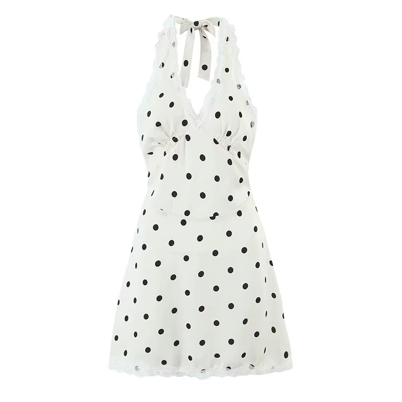YENKYE dentelle épissé à pois Robe licou femmes élégant a-ligne Mini Sexy dos nu robes Robe d'été 20