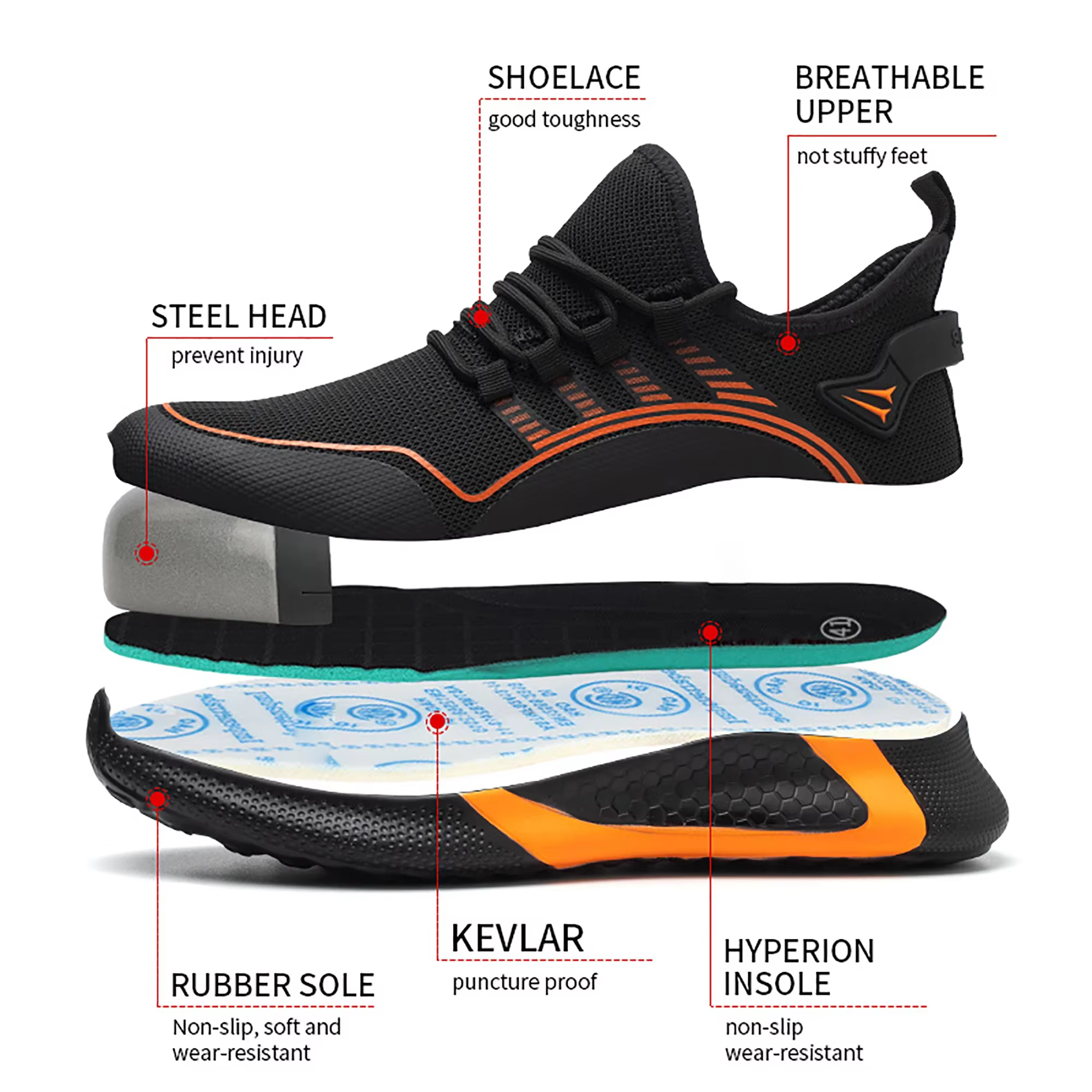 Chaussures de sécurité grande taille 50 pour hommes, baskets Anti-écrasement avec embout en acier, A