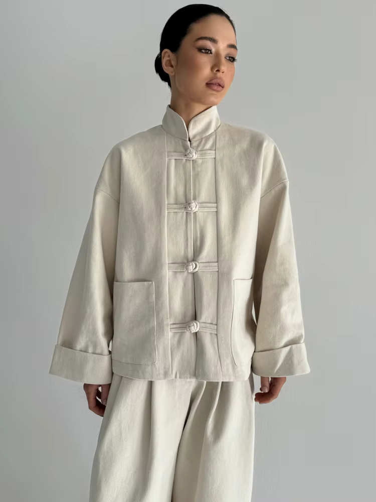 VTKW 2026 Nouvel ensemble veste et pantalon pour femme style chinois, col mandarin, boutons grenouil