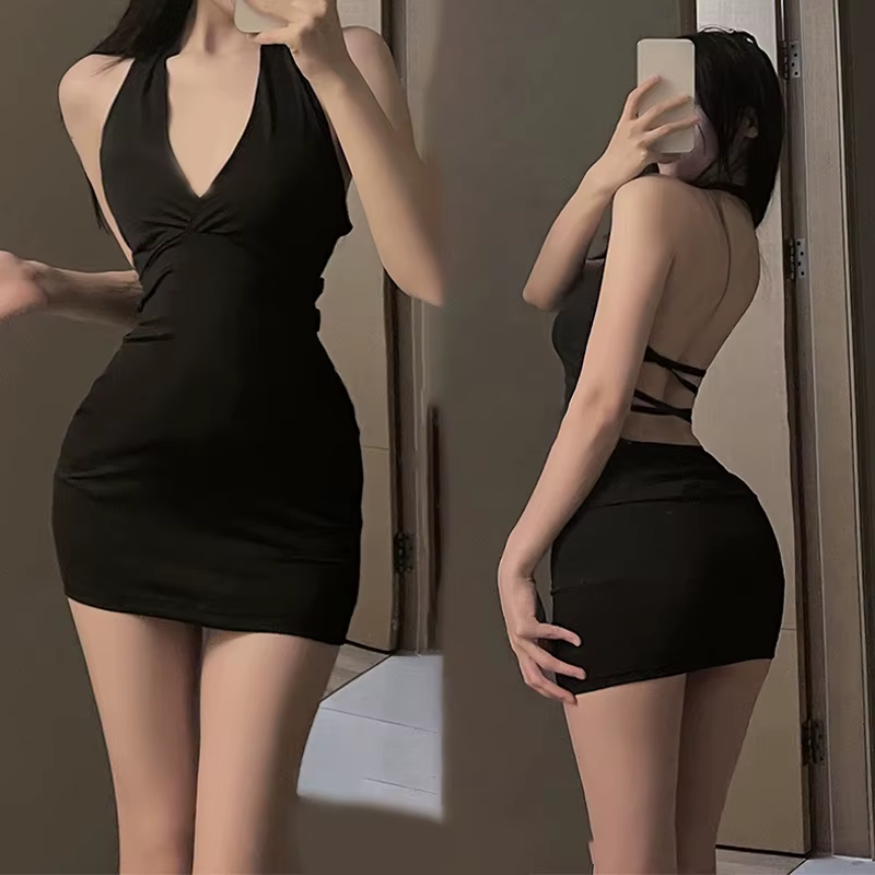 Robe érotique Sexy pour femmes, uniforme, col en V, Slim, dos nu, séduisante, une pièce, Mini robes 