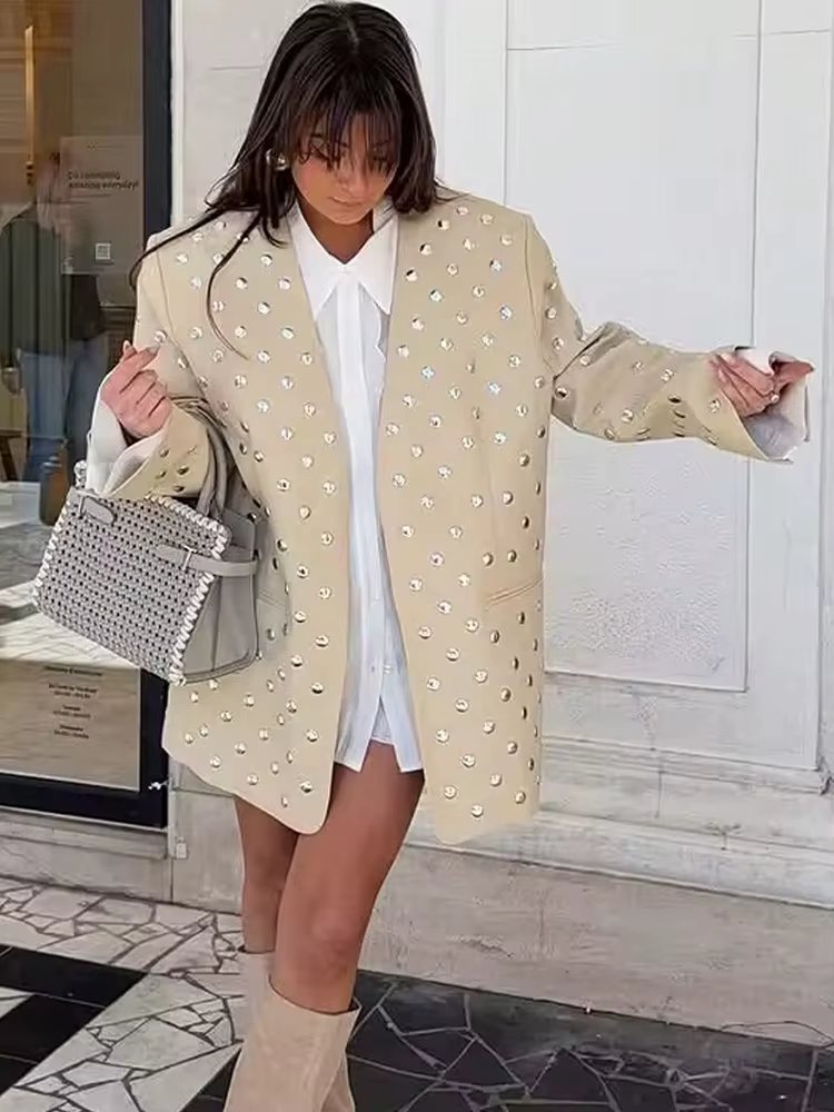 SLTNX Blazer décontracté pour femme avec décoration à rivets, manches longues, col en V, beige, mant