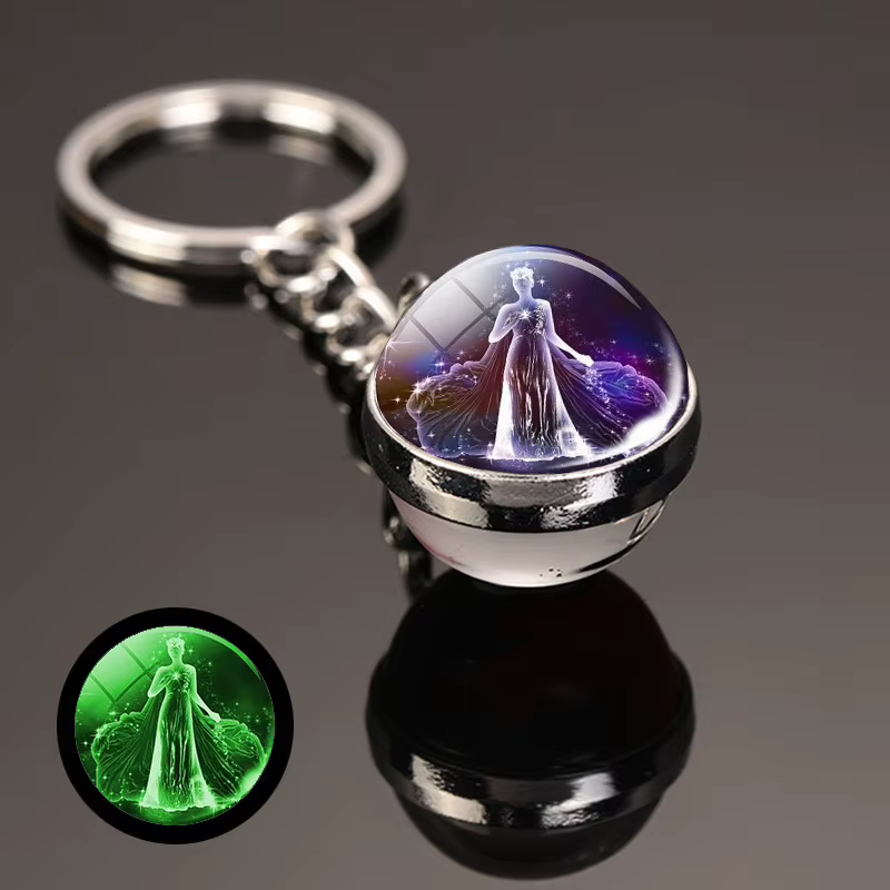 Porte-clés créatif 12 constellations, lueur nocturne, pendentif boule de verre Double face, signe du