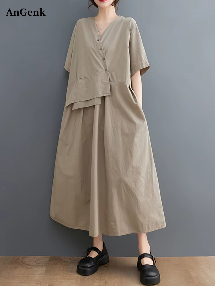 Robe longue décontractée kaki vintage patchwork à manches courtes pour femme, style coréen, nouvelle