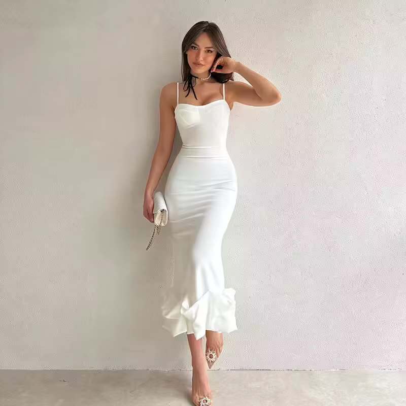 Robe mi-longue Sexy sans manches, dos nu, mode d'été, moulante, élégante, à volants, pour fête d'ann