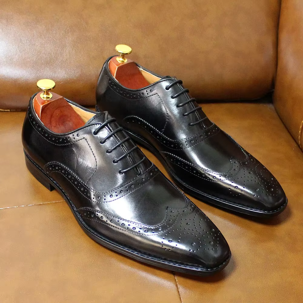 Chaussures Oxford à bout d'aile pour hommes, grandes tailles, faites à la main, en cuir de veau véri