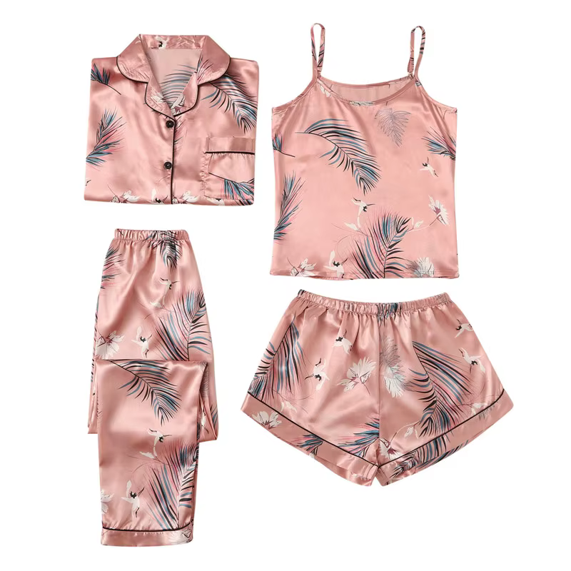 Ensemble pyjama 4 pièces pour femmes, vêtements de nuit en fausse soie, tissu imprimé, confortable, 