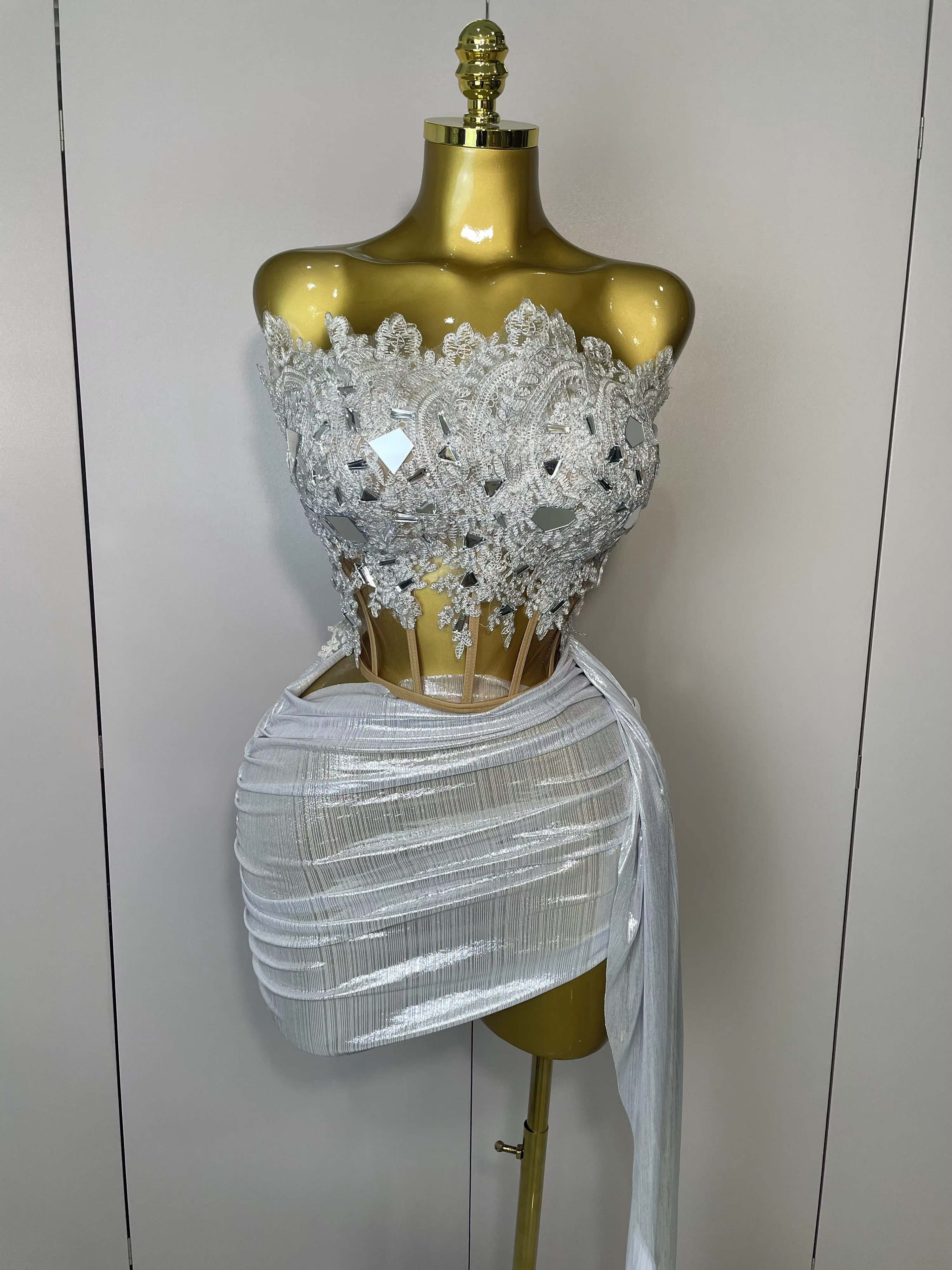 Robe courte sans bretelles à paillettes argentées scintillantes, ensemble de 2 pièces pour femmes, f