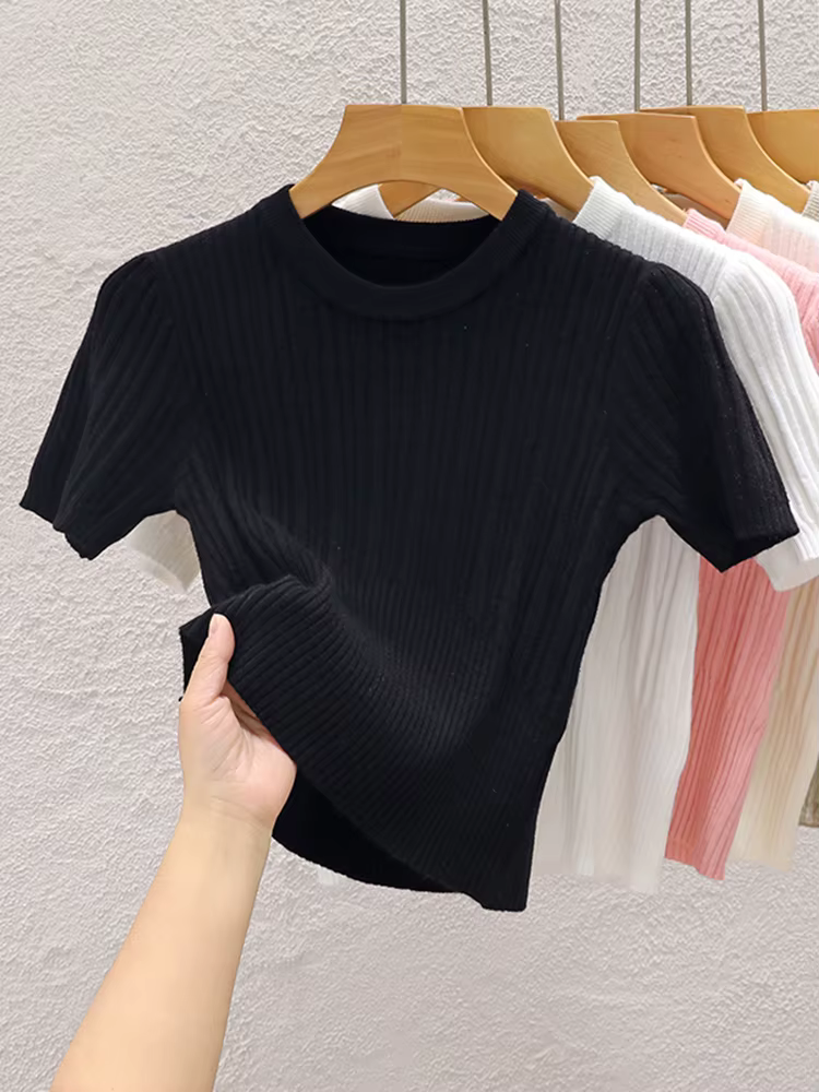 T-shirts d'été 2026 pour femmes – Décontractés, style coréen, tricotés, streetwear, basiques, unis, 