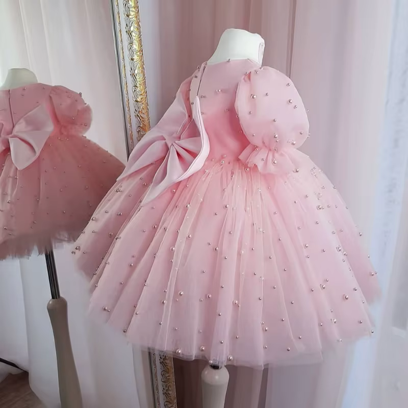 Robe de princesse tutu perlée pour bébé fille, manches bouffantes, nœud en tulle, vêtements de fête 