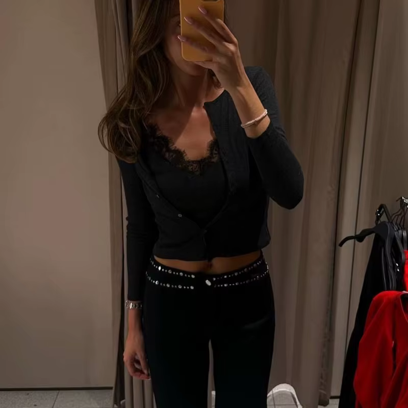 MUJER dentelle recadrée veste haut pour femme Vintage tricot Demi-saison vestes pour femmes boutonné