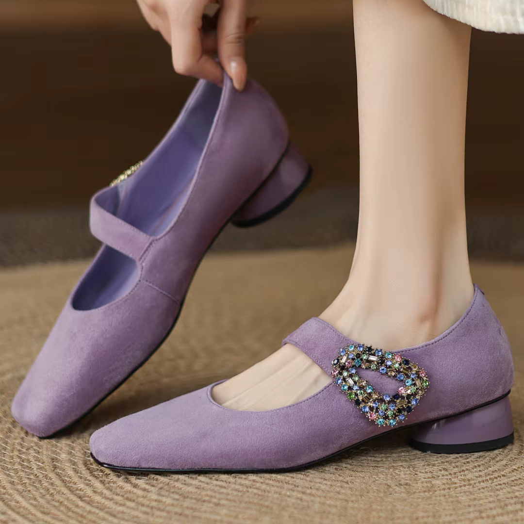 Escarpins Mary Jane à enfiler en cuir suédé naturel pour femmes, boucle en cristal, bout carré, talo