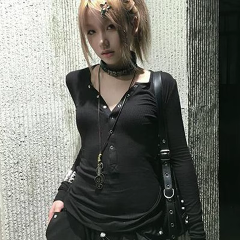 Tonngirls Y2k japonais t-shirt femmes dentelle à manches longues imprimé graphique hauts Streetwear 
