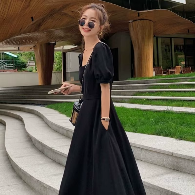 Robe Chic Vintage Noire pour Femme, Taille Haute, Col Carré, Manches Bouffantes, Nministériels d Tra
