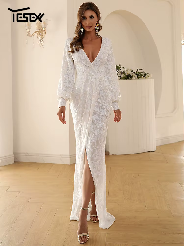 Yesexy 2026 Nouvelle Robe de Soirée Formelle à Col en V et Manches Longues avec Fente pour Mariage, 
