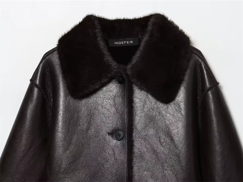 Veste femme 2025 automne/hiver nouveautés marron foncé à manches longues en simili cuir veste révers