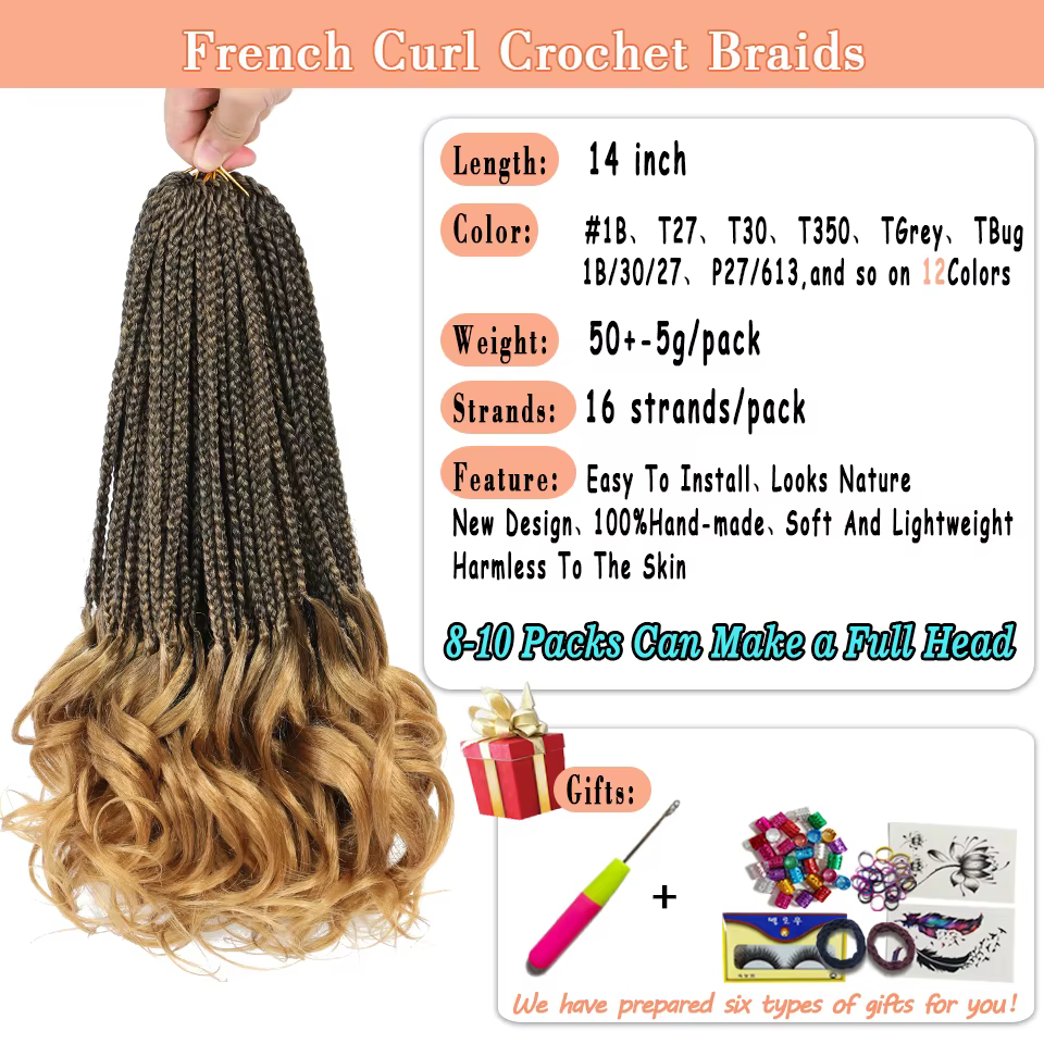 Tresses synthétiques au crochet de 14 pouces pour cheveux bouclés français, tresses en boîte de bouc