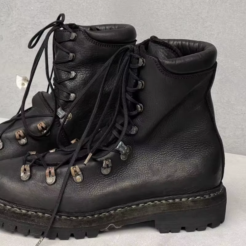 Bottes de moto en cuir véritable pour hommes, chaussures d'alpinisme à lacets en métal, bottes de ra
