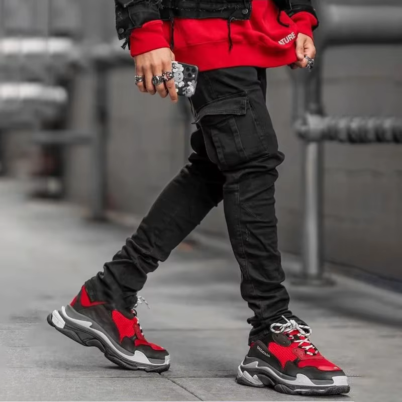 Jeans en denim élastique pour hommes, pantalon cargo multi-poches, coupe slim décontractée, jogging 