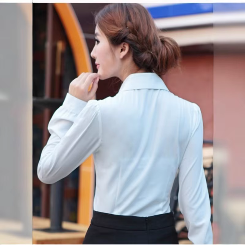 Chemisier de bureau blanc élégant pour femmes, coupe cintrée, manches longues, chemise boutonnée, St
