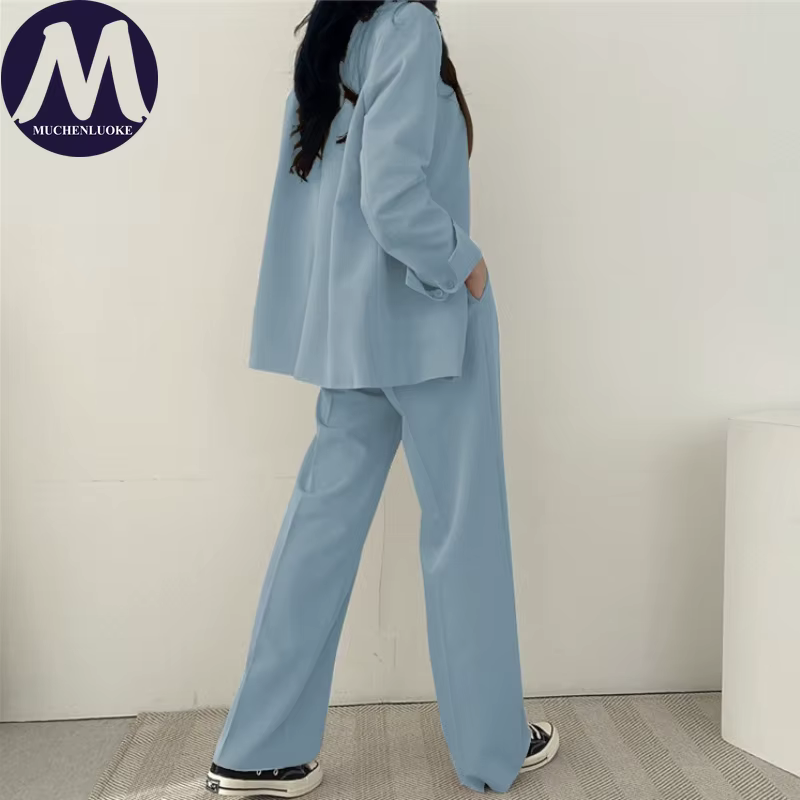 Ensemble deux pièces pour femmes, mode coréenne, blazer à manches longues et pantalon large, décontr